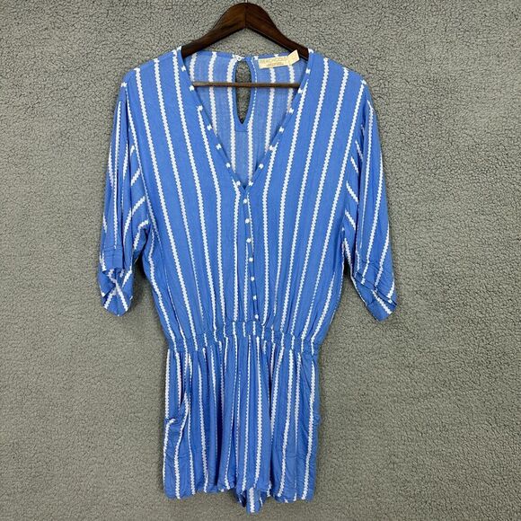 Anthropologie‎ Beachgold Women's Large Blue Cream Striped Jetsetter Romper Boho - Picture 1 of 7